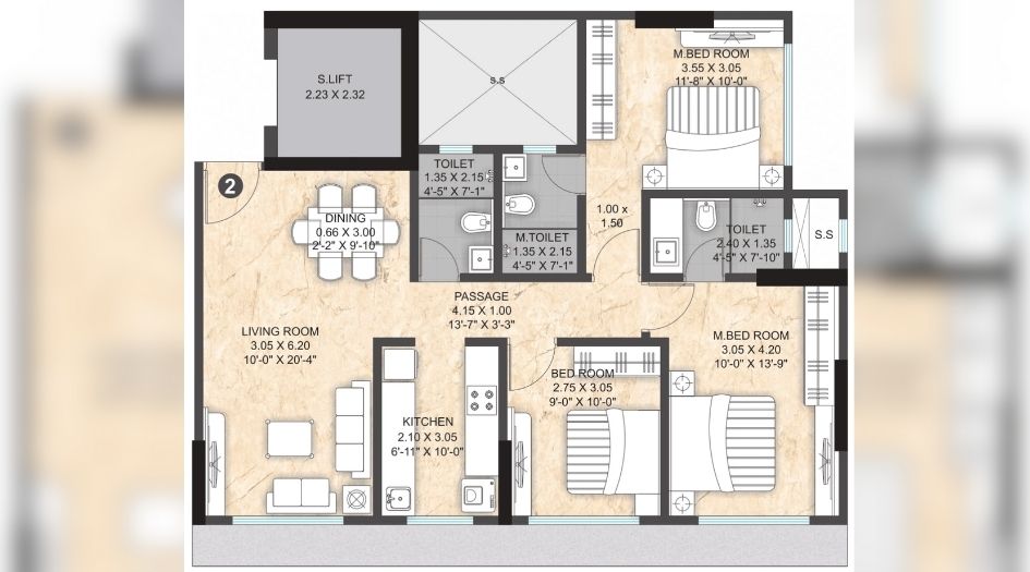 Paranjape-Athena-Floor-Plan-Wing-E-3-BHK-854-sqft