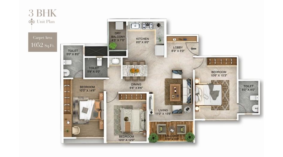 Majestique-New-Friend-Floor-Plan-3 BHK- 1052 Sqft