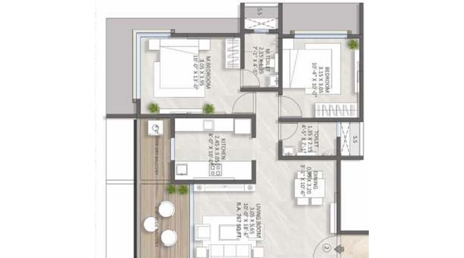 Jpv-Pratap-cress-Floor-Plan- 2 BHK -767 Sqft
