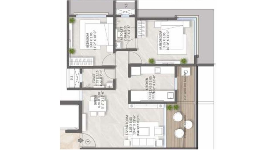 Jpv-Pratap-cress-Floor-Plan- 2 BHK -777 Sqft