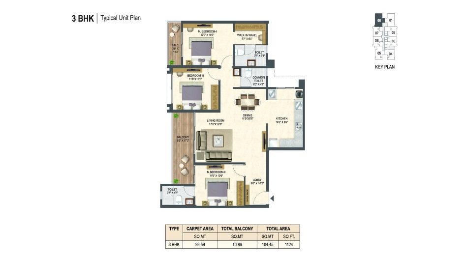 Miracle-Imperio-Towers-Floor-Plan-3 BHK-1124 Sqft