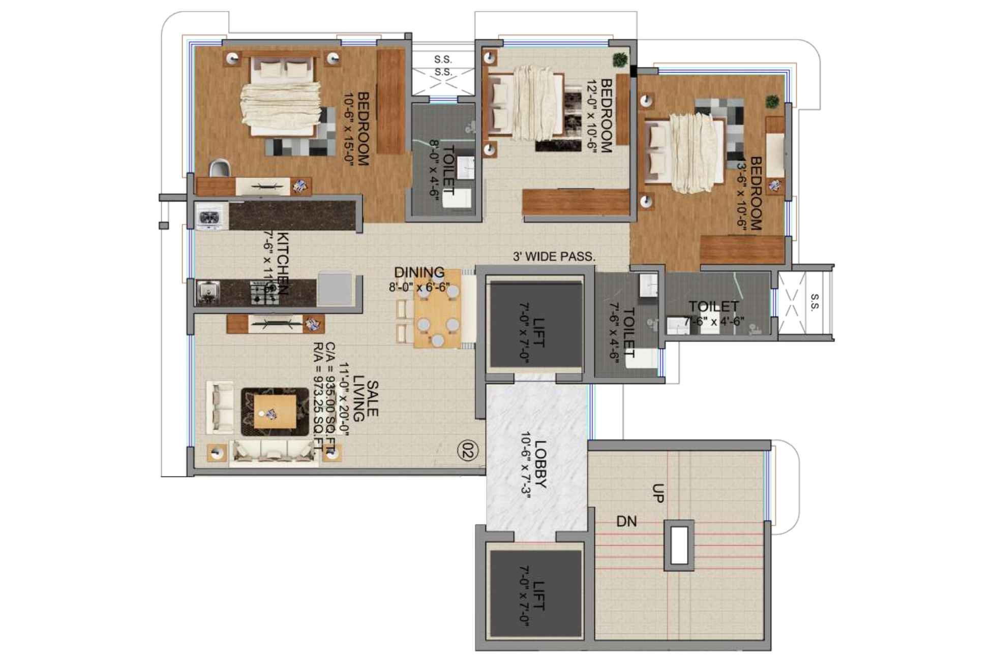 Zee-Manubharati-Floor-Plan-3-BHK-973-Sqft-Wing-A