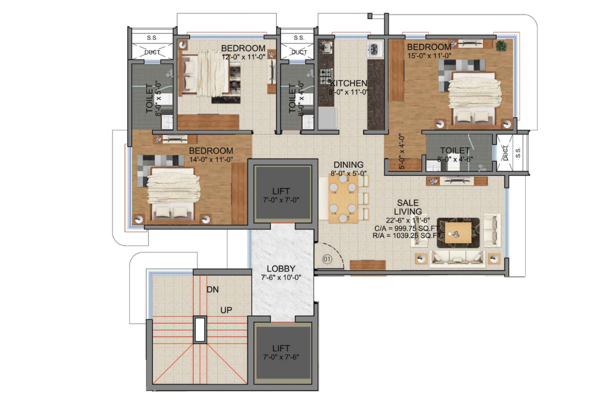 Zee-Manubharati-3-BHK-1039-Sqft-Floor-plan-Wing-B
