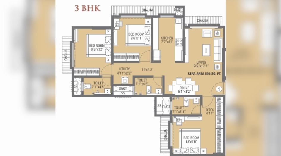 Swastik-Avighna-3BHK-860Sqft-Unit-Plan