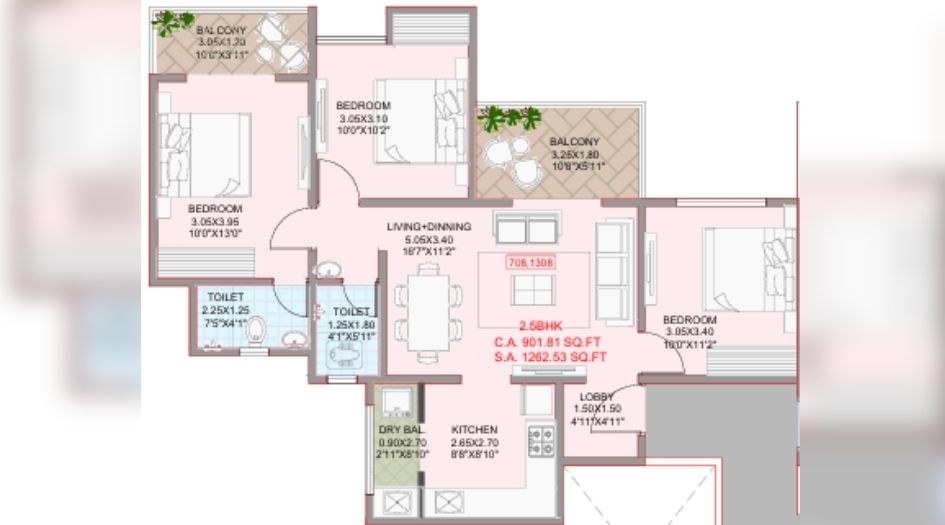 Primal-Saundaryam-2.5 BHK-905-sqft-unit-plan
