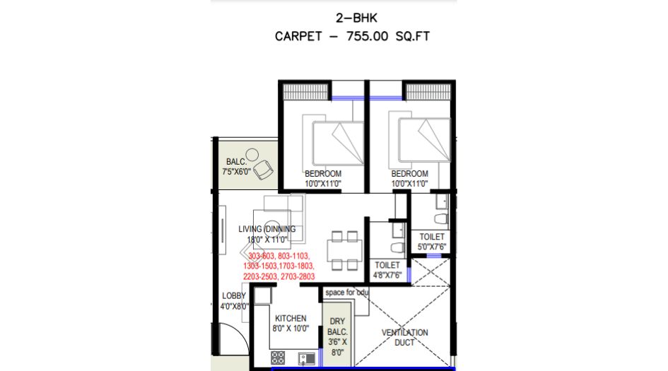 Kamdhenu-The-Astria-Floor-Plan-2 BHK- 755 Sqft