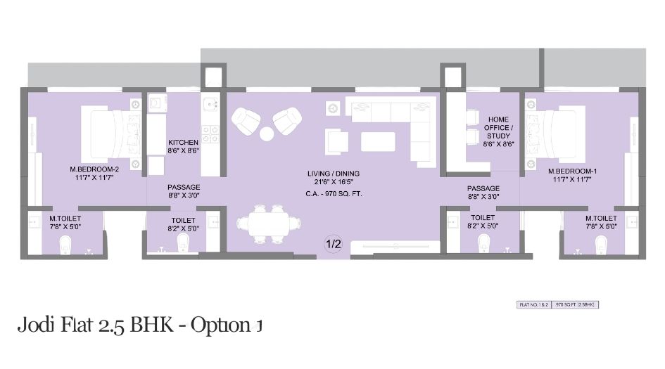 Ajmera-Boulevard-Floor-Plan-2.5 BHK-Jodi-Unit-Option-1-970 Sqft