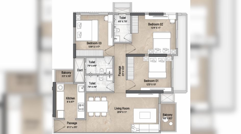 Vascon-Orchid-Floor-Plan-3 BHK- 967 Sqft-A wing