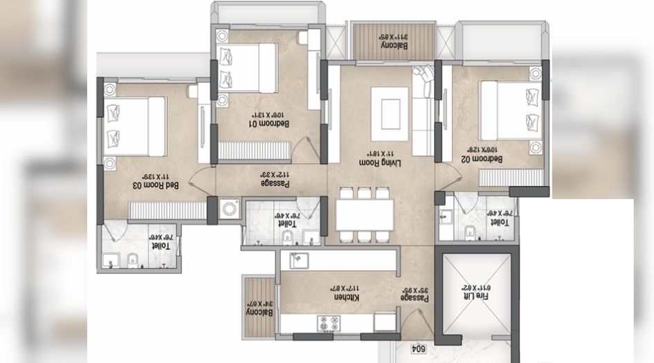 Vascon-Orchid-Floor-Plan-3 BHK-998 Sqft-C-Wing