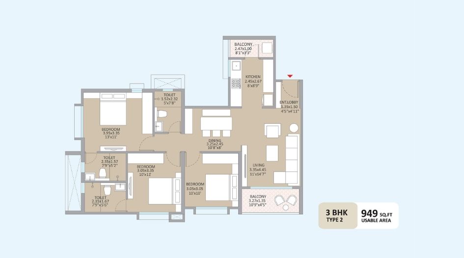 Kolte-Patil-Little-Heart-Floor-Plan-3BHK-949 Sqft