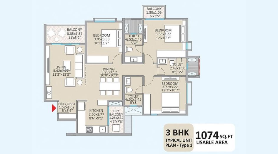 Kolte-Patil-Little-Heart-Floor-Plan-3BHK-1074 Sqft