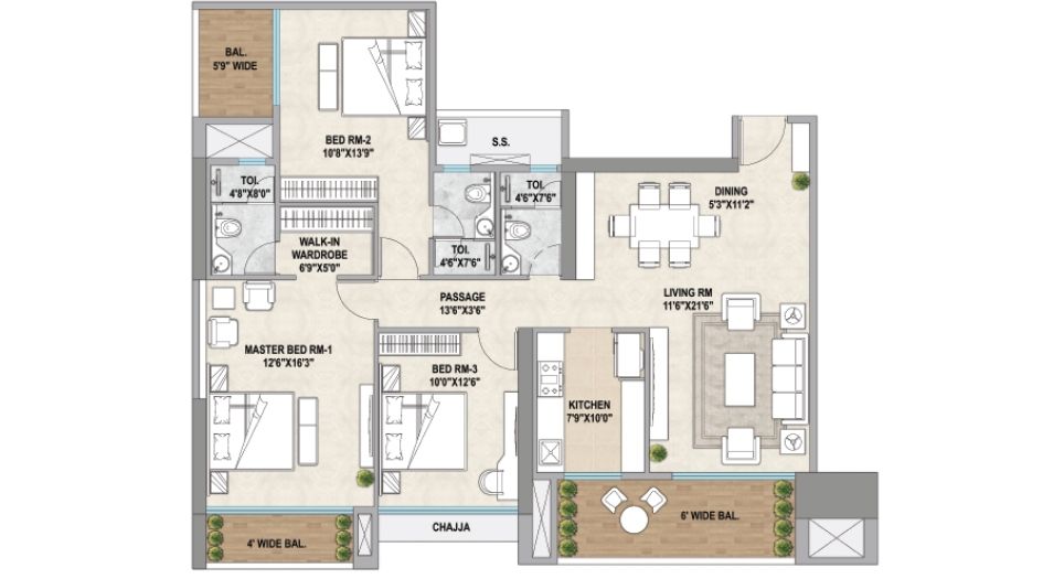 Sai-Codename-Green-Gold-Floor-Plan-3 BHK-1300 Sqft