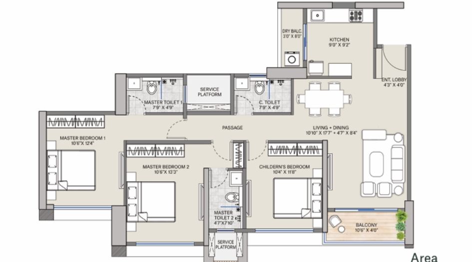 Supreme-Rivana-3BHK-1050-sqft-unit-plan