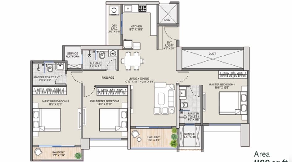 Supreme-Rivana-3BHK-1100sqft-unit-plan
