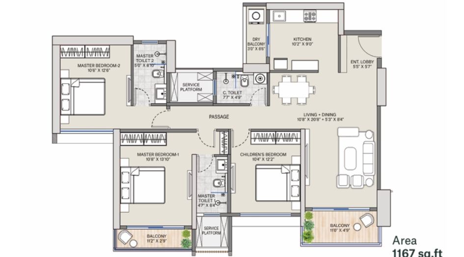Supreme-Rivana-3BHk-1167sqft-unit-plan