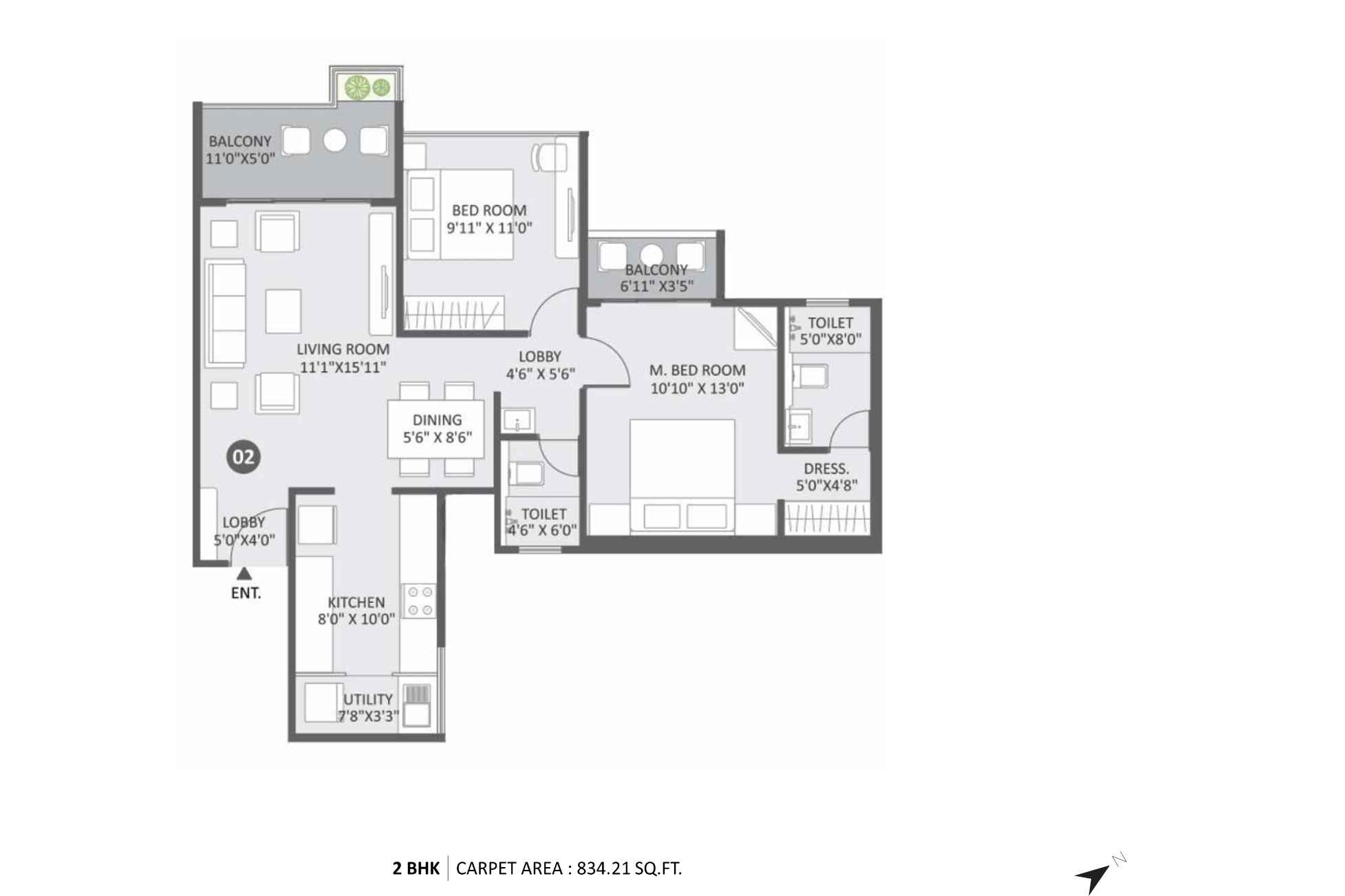 Austin-Yana-Floor-Plan-2BHK-864-SQft
