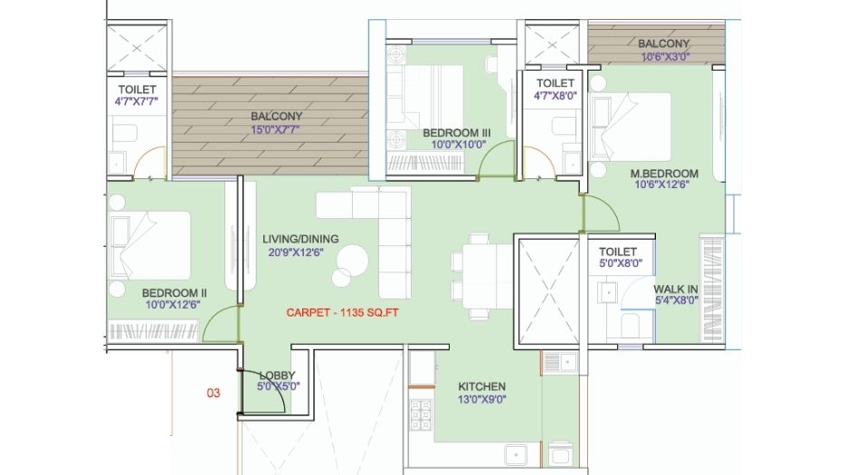 Knest-Capri-Floor-Plan-3 BHK-1136 Sqft