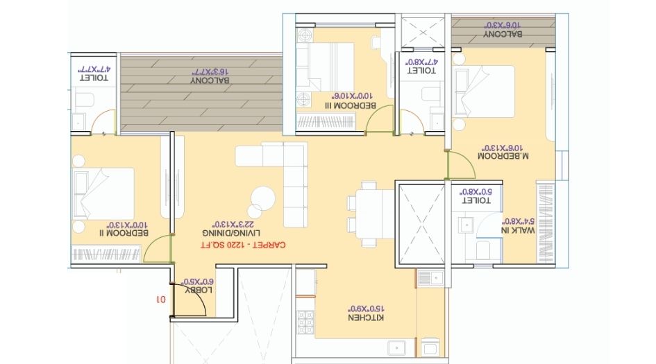 Knest-Capri-Floor-Plan-3 BHK-1220 Sqft