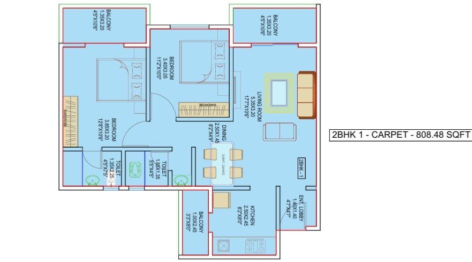 Infinity-Tower-Floor-Plan- 2 BHK-808 Sqft