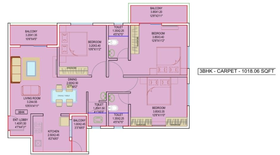 Infinity-Tower-Floor-Plan-3 BHK-1018 Sqft